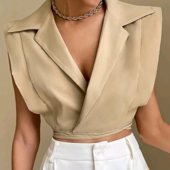 SHEIN Tops - SHEIN Tan‎ Collared Wrap Blouse